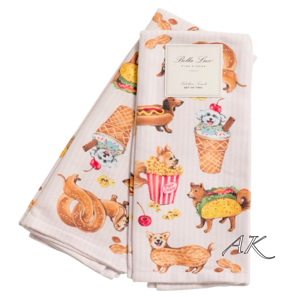 Bella Lux Dogs in Food Costumes Kitchen Towels 🐾 
2pc Set